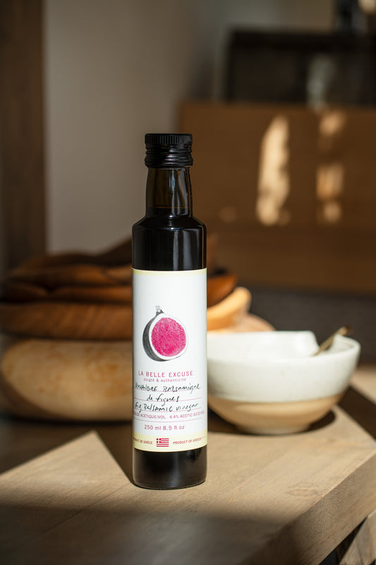 250 ml La Belle Excuse Fig Balsamic Vinegar, olive oil fine foods — close-up view.