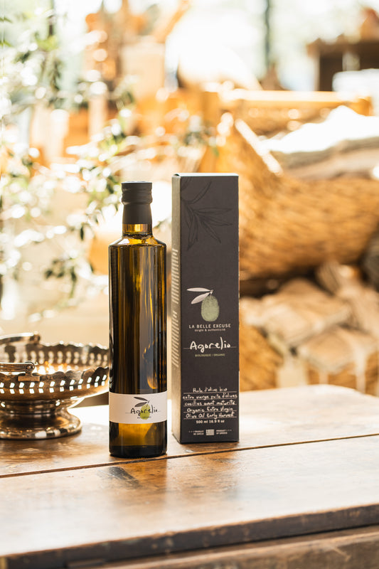 La Belle Excuse Organic Agorelio Extra Virgin Olive Oil, made from early-harvest Koroneïki olives with robust notes of grass, tomato, and artichoke.