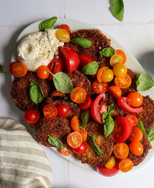 Breaded Eggplant Salad with Tomatoes and Burrata