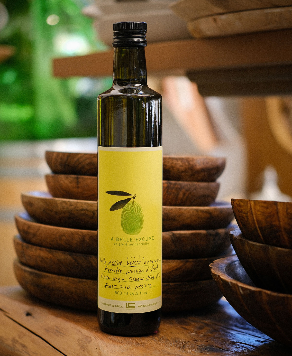 500 ml La Belle Excuse Extra Virgin Green Olive Oil, made with Greek olives.