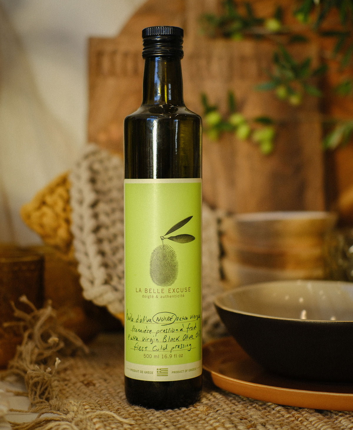 500 ml La Belle Excuse Extra Virgin Black Olive Oil, made with Greek olives.
