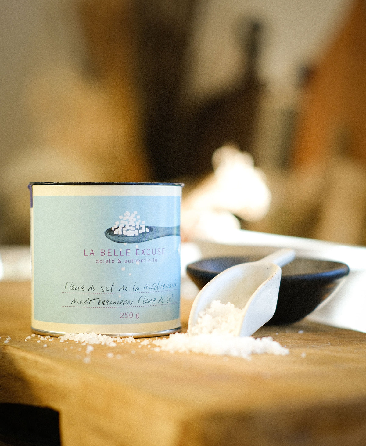 La Belle Excuse Mediterranean Fleur de Sel, hand-harvested and unrefined, available in 250 g.