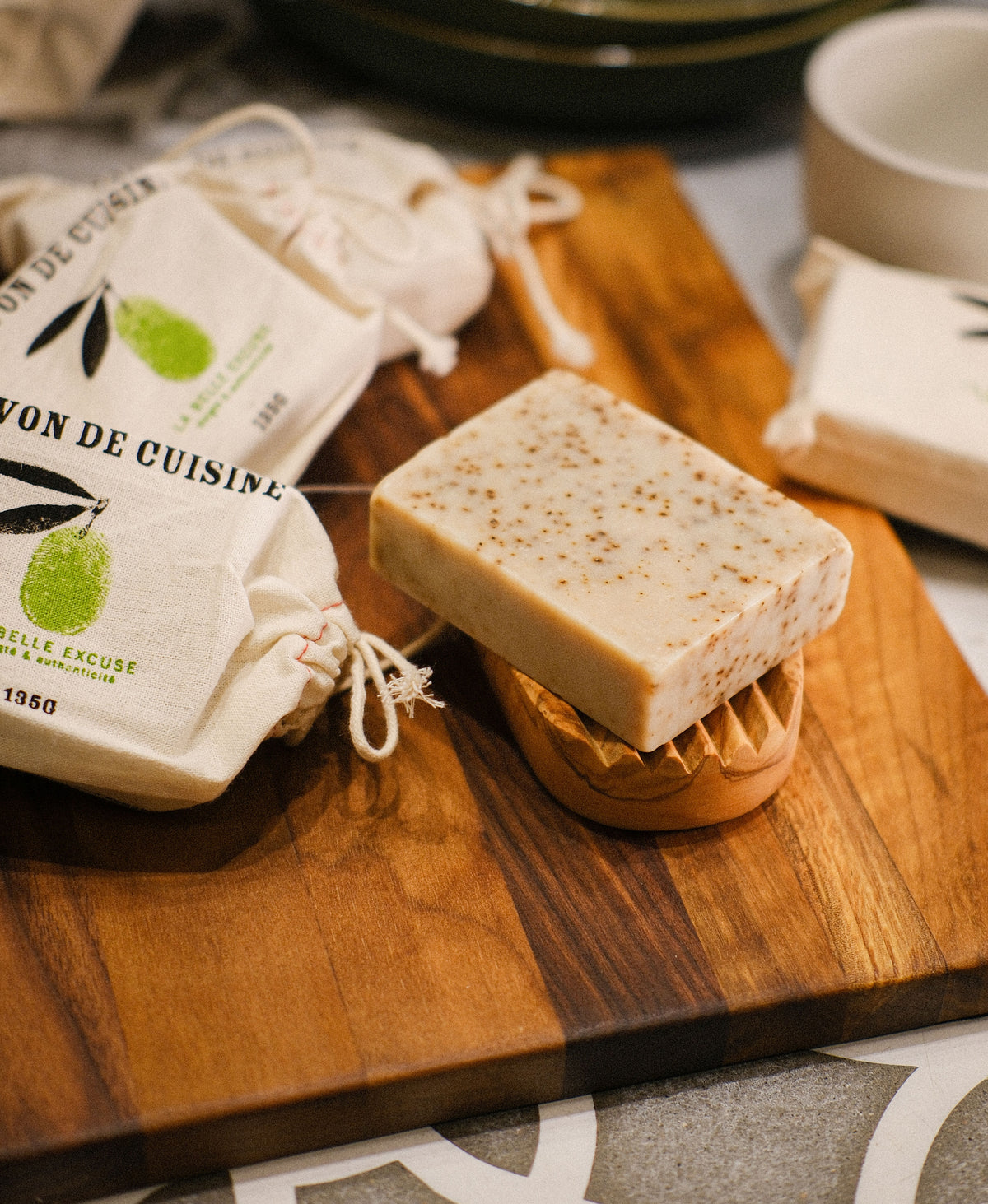La Belle Excuse Kitchen Soap made with 70% olive oil and scented with rosemary, lemon, and coffee.
