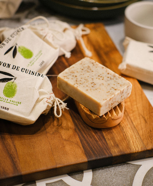 La Belle Excuse Kitchen Soap made with 70% olive oil and scented with rosemary, lemon, and coffee.

