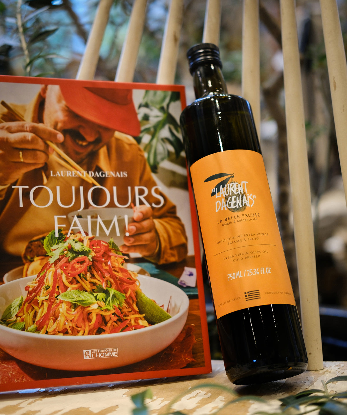 750 ml Olive Oil by Laurent Dagenais and La Belle Excuse, a triple-blend olive oil made from Agorelio, Mavrolia, and Koroneïki olives.