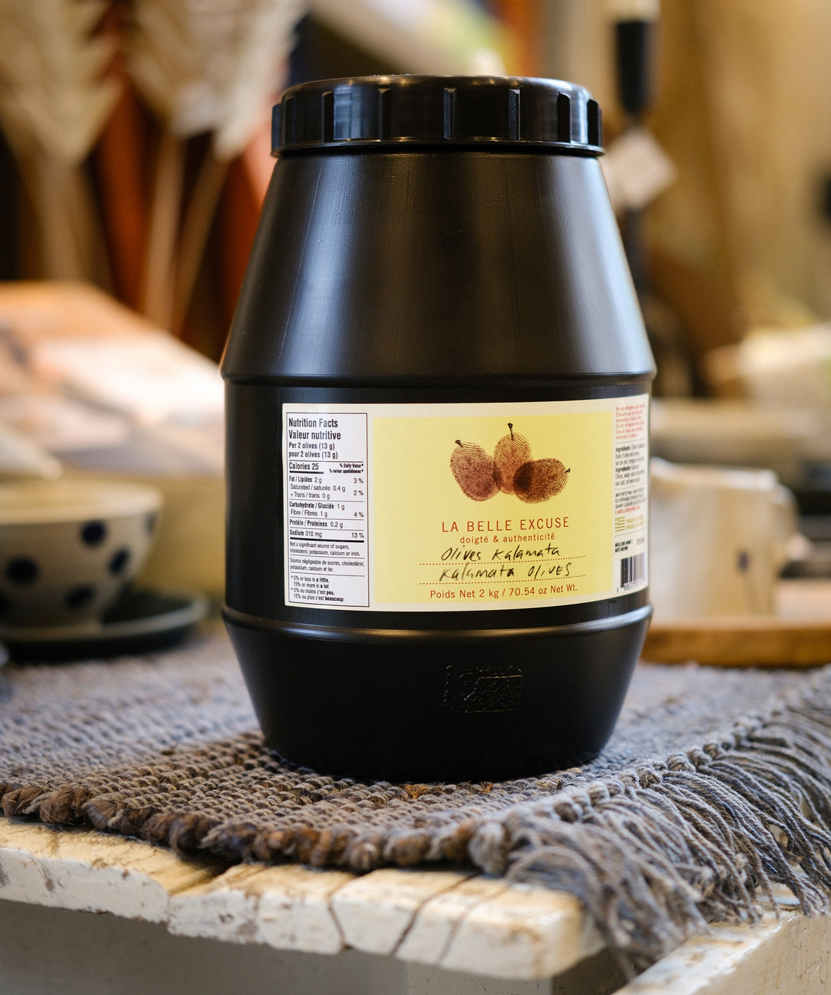 La Belle Excuse Kalamata olives from Greece, available in 2 kg formats.
