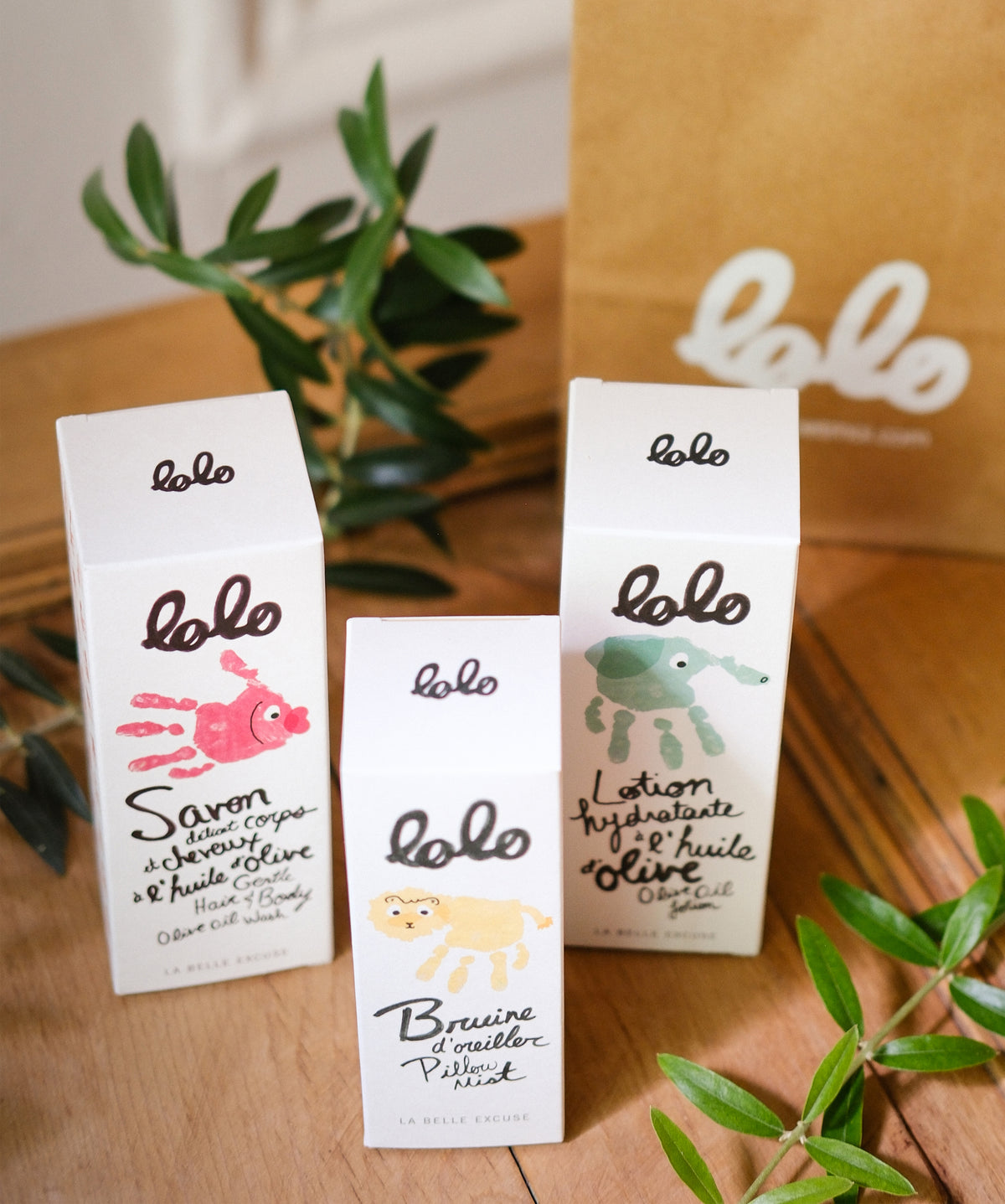 LOLO Bathtime Set featuring olive oil lotion, gentle hair and body wash, and pillow mist.