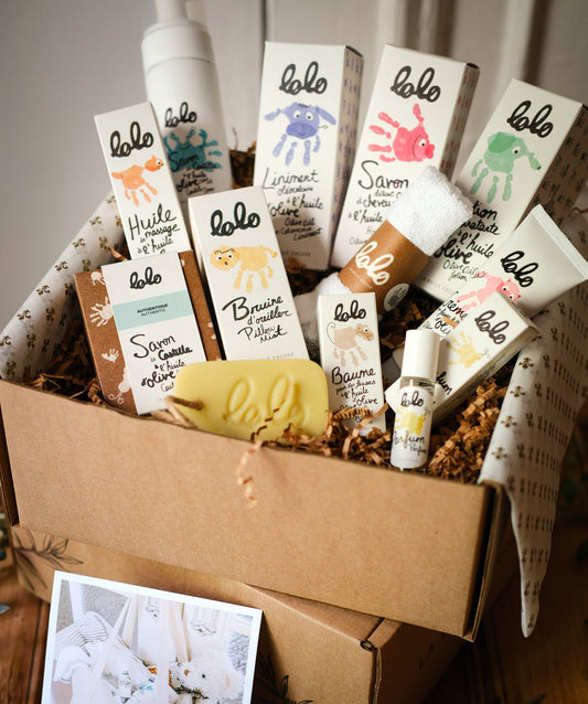 LOLO Starter Kit featuring perfume, washcloth, diaper care products, gentle hair and body wash, lotion, Castile soaps, pillow mist, and massage oil.