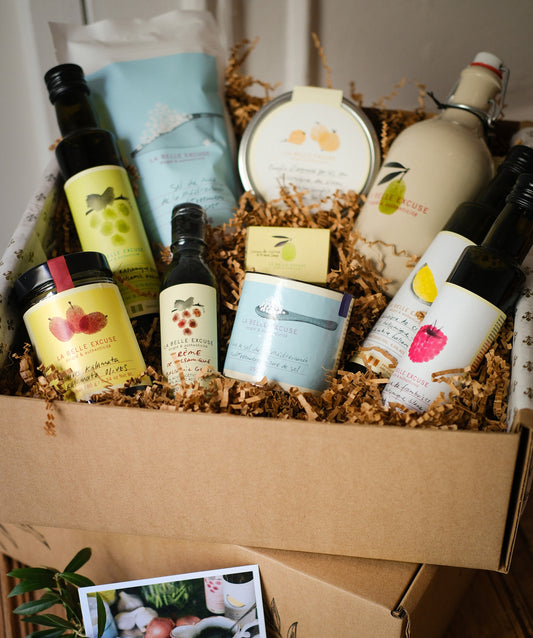 Bountiful Basket La Belle Excuse gift set, La Belle Excuse, olive-oil gourmet foods — close-up