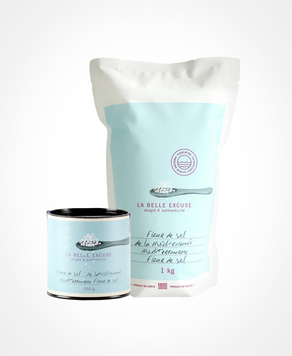 La Belle Excuse Mediterranean Fleur de Sel, hand-harvested and unrefined, available in 250 g and 1 kg formats.