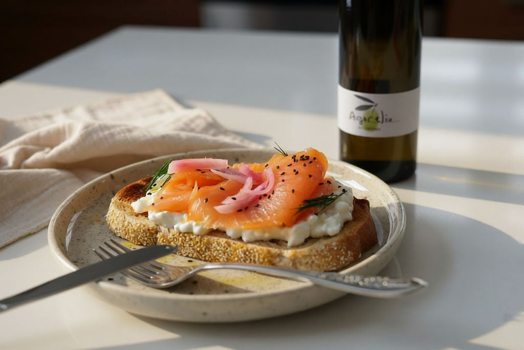 Smoked salmon and cream cheese toast on a plate with 500 ml of La Belle Excuse Organic Agorelio Extra Virgin Olive Oil.