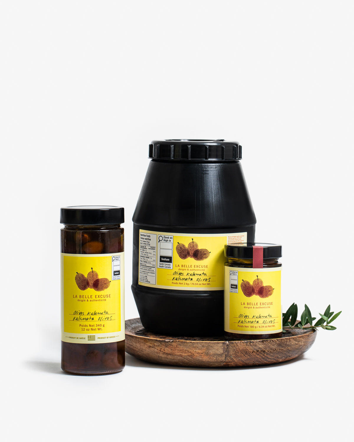 La Belle Excuse Kalamata olives from Greece, available in 180 g, 340 g, and 2 kg formats.

