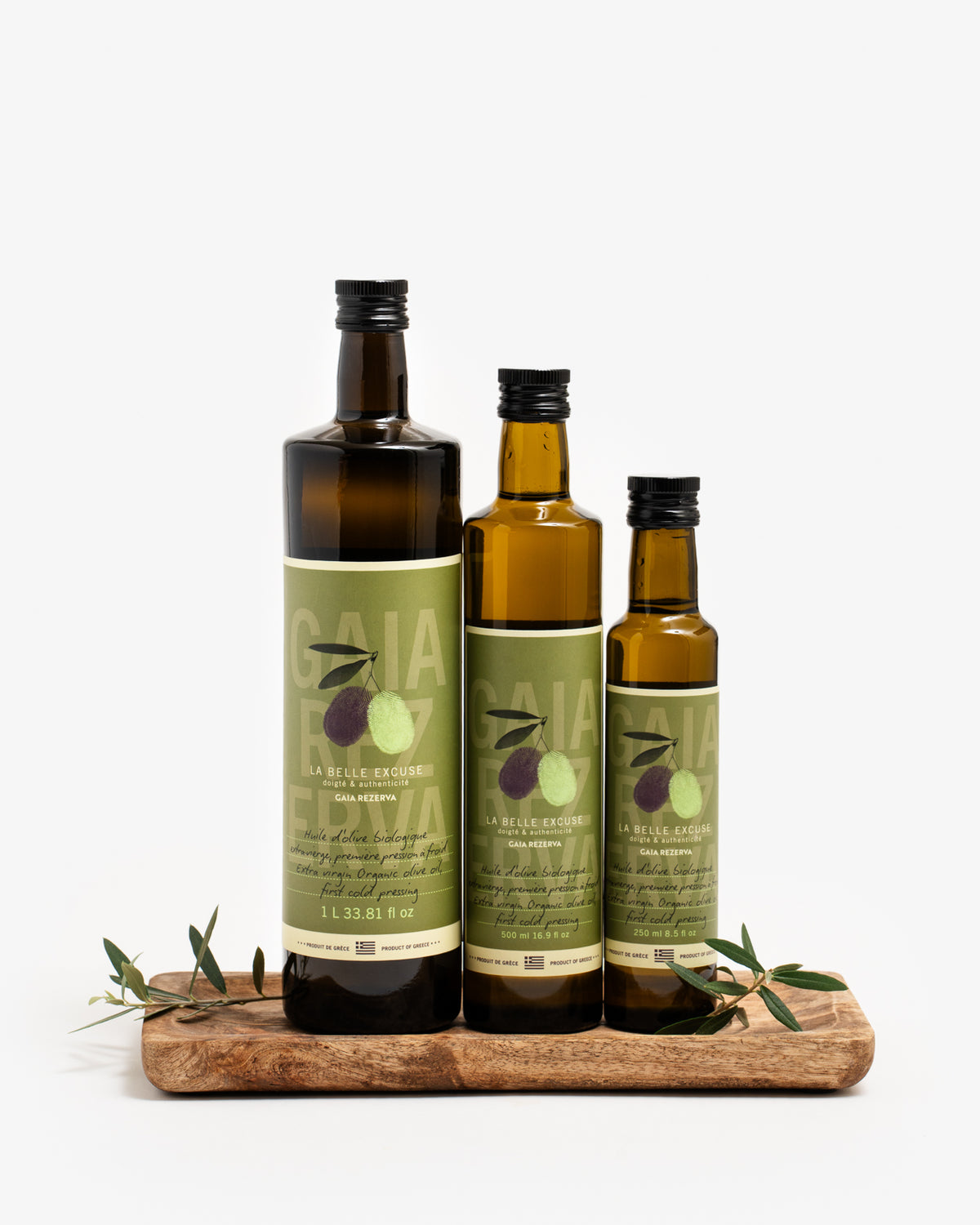 La Belle Excuse Gaïa Rezerva Organic Extra Virgin Olive Oil, available in 250 ml, 500 ml, and 1 L formats.