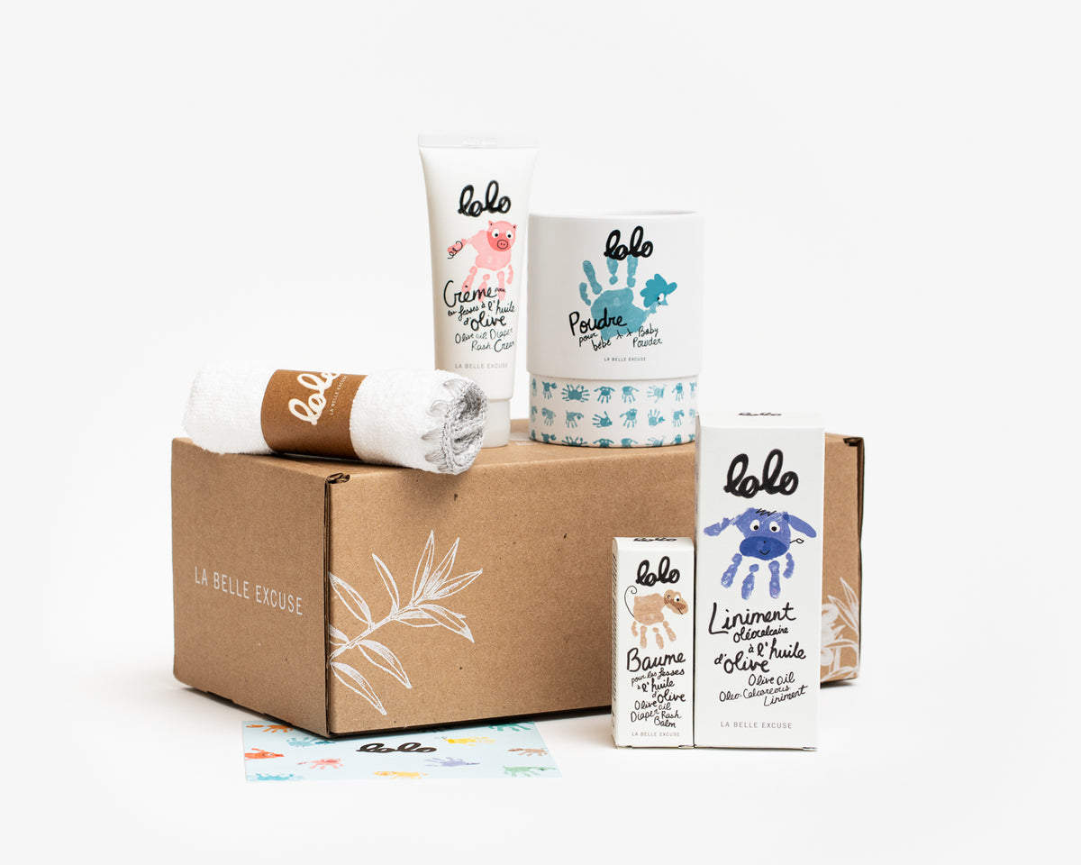 LOLO Diaper Changing Essentials Set featuring olive oil liniment (125 ml), diaper rash balm (12 g), diaper rash cream (75 ml), and baby powder (120 g).