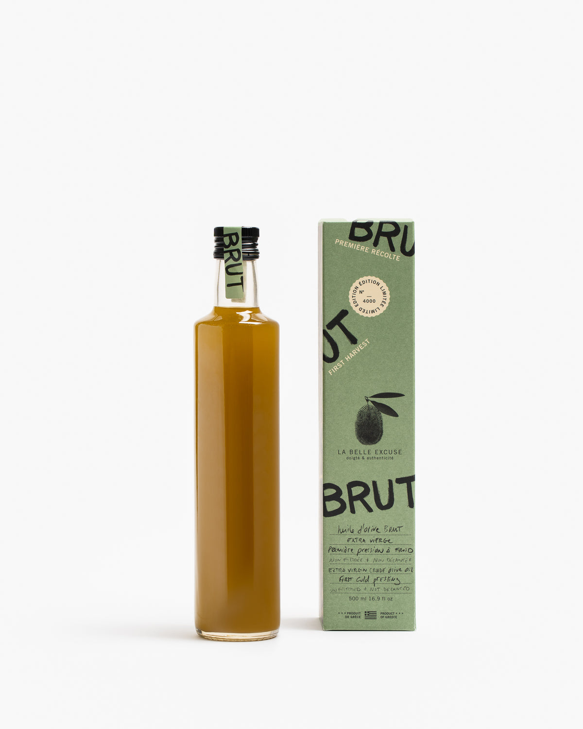 500 ml La Belle Excuse Extra Virgin Crude Olive Oil, made with Greek olives.