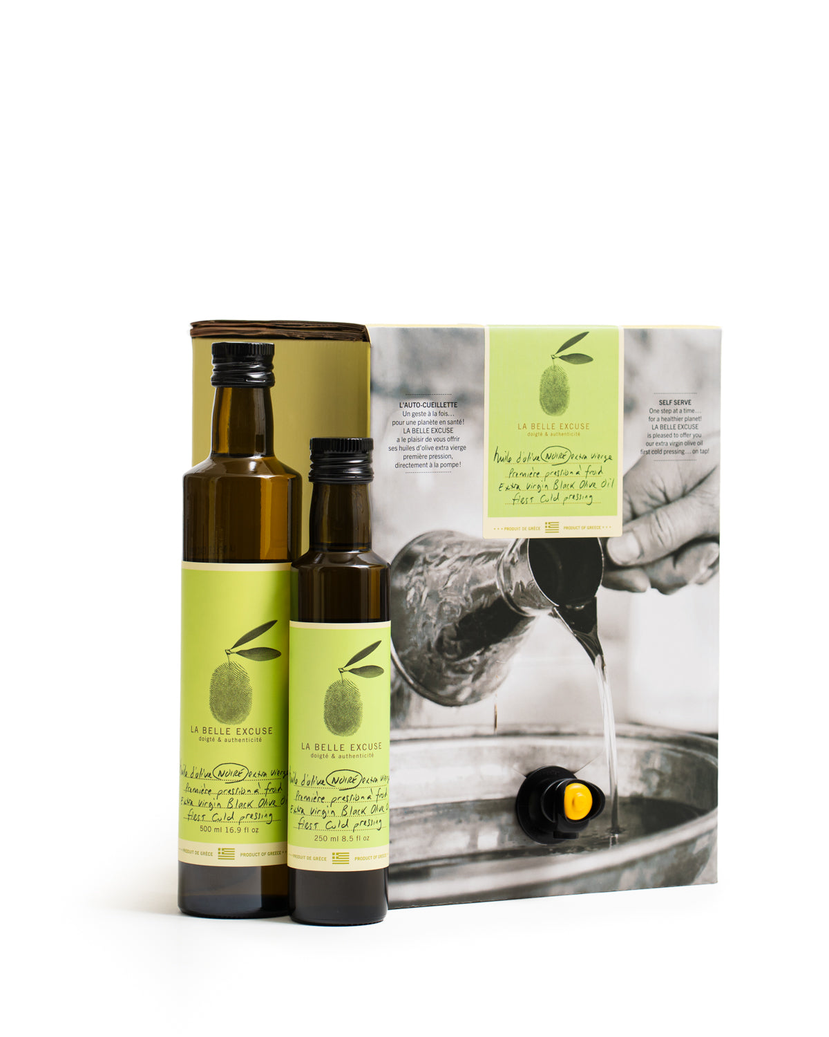 Three formats of La Belle Excuse Extra Virgin Black Olive Oil, made with Greek olives: 250 ml, 500 ml, and a wholesale case.