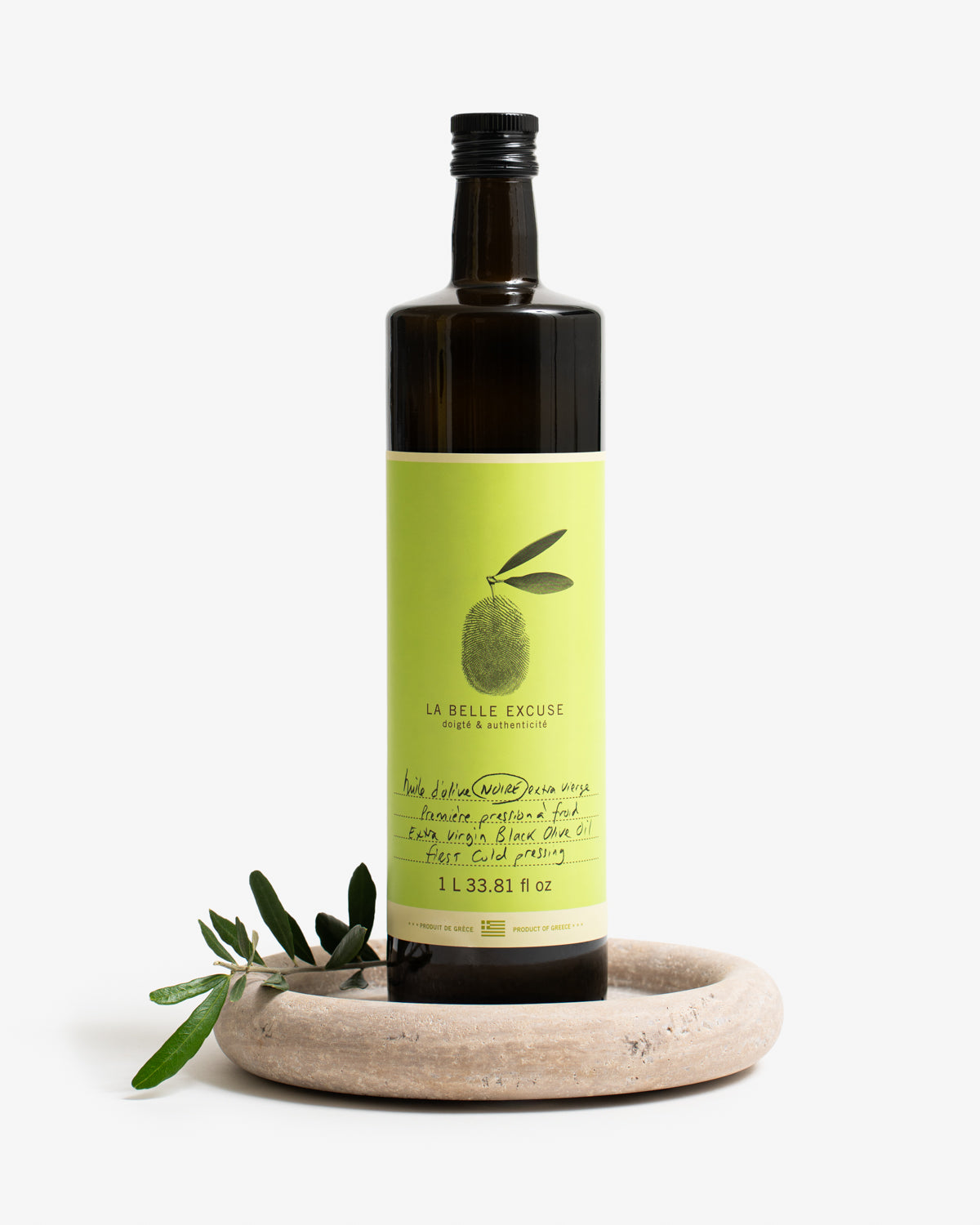 1 liter of La Belle Excuse Extra Virgin Black Olive Oil, made with Greek olives.