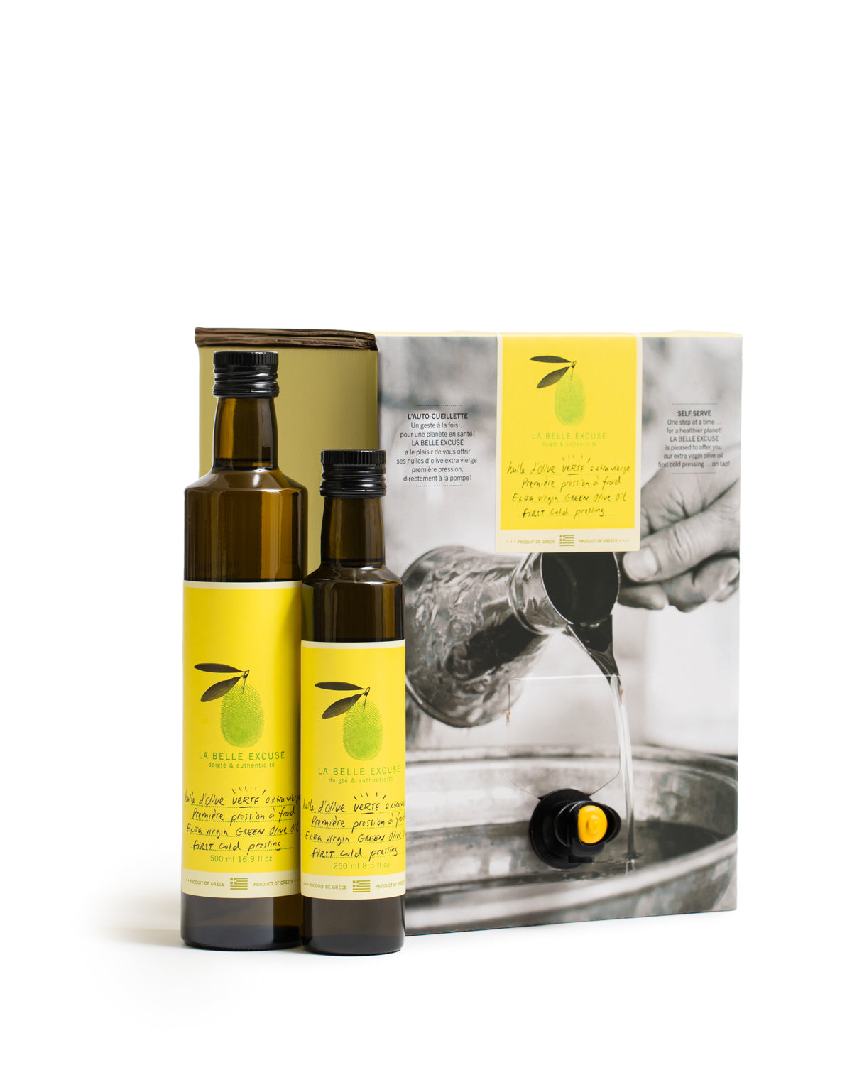 La Belle Excuse Extra Virgin Green Olive Oil, made with Greek olives—available in 250 ml, 500 ml, and bulk box formats.
