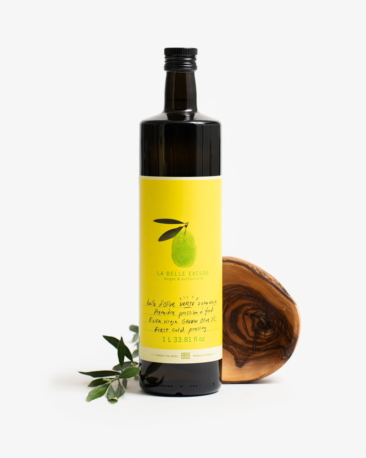 1 L La Belle Excuse Extra Virgin Green Olive Oil, made with Greek olives.