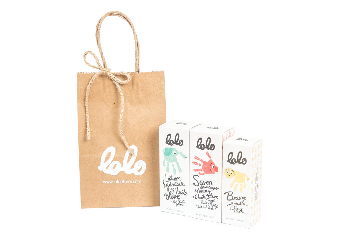 LOLO Bathtime Set featuring olive oil lotion, gentle hair and body wash, and pillow mist.