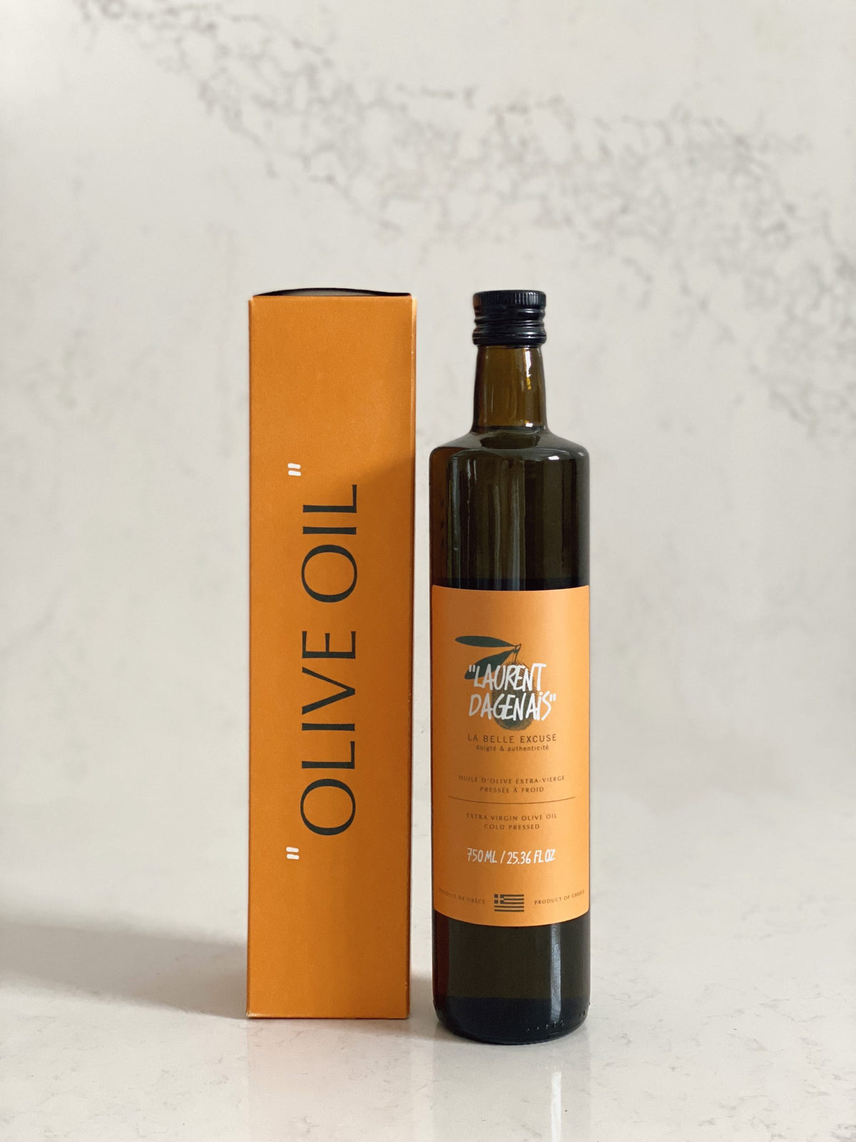 750 ml Olive Oil by Laurent Dagenais and La Belle Excuse, a triple-blend olive oil made from Agorelio, Mavrolia, and Koroneïki olives.