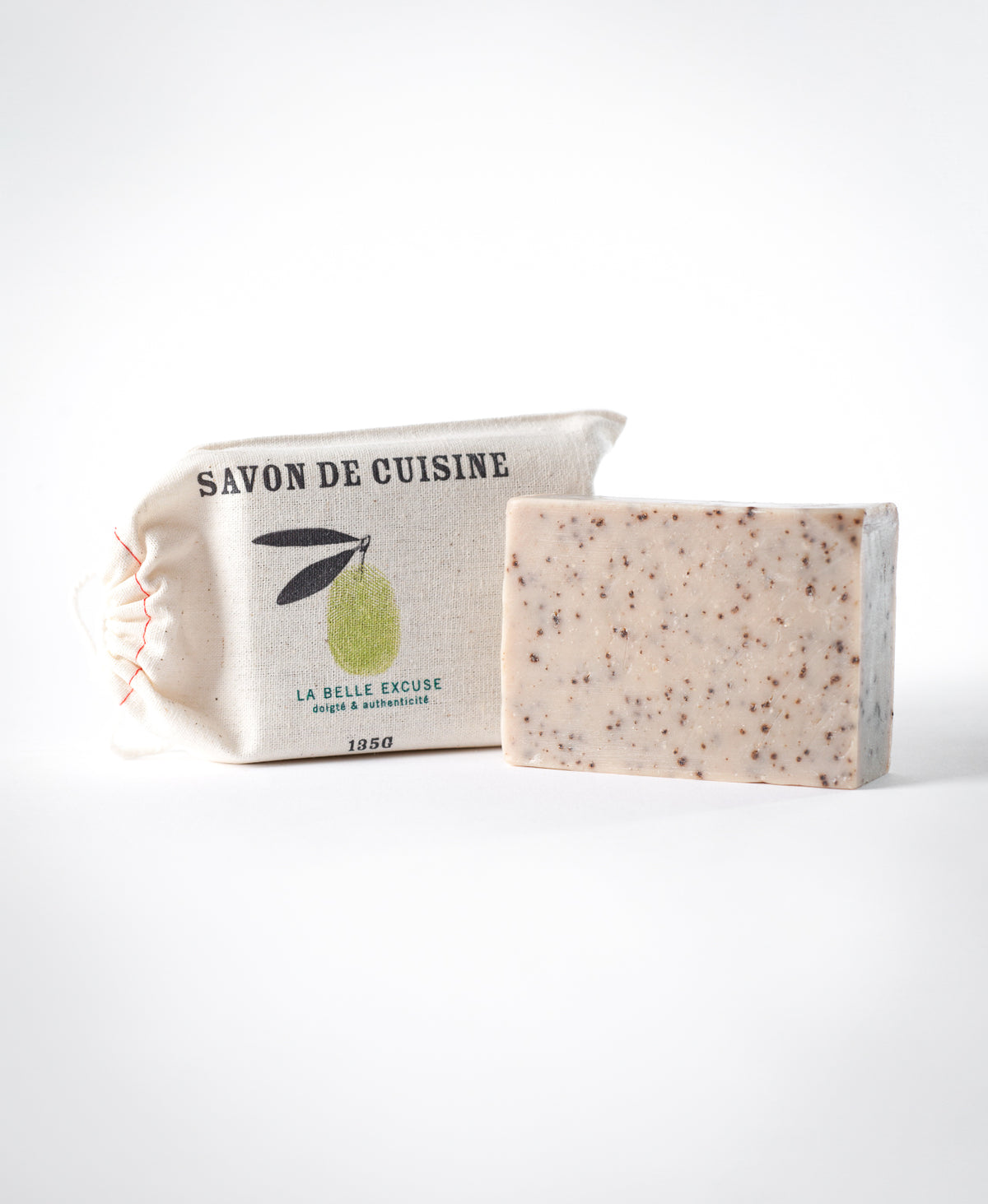La Belle Excuse Kitchen Soap made with 70% olive oil and scented with rosemary, lemon, and coffee.
